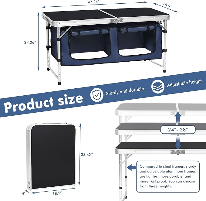 Camp Field Camping Folding Aluminum Table with Adjustable Legs for Outdoor Travel Beach, Backyards, BBQ, Party and Picnic Foldable Table - Image 3
