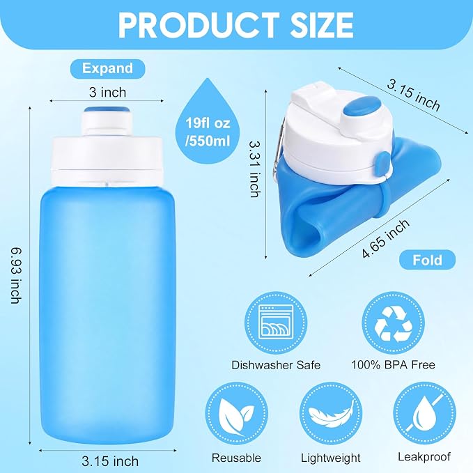 LemonRoad 2 Pcs 19 oz Silicone Collapsible Water Bottle, Gray Blue | Portable Foldable Water Bottle, Leakproof, Carabiner, Reusable, Lightweight, for Travel Sport Hiking Camping Cycling Office - Image 2