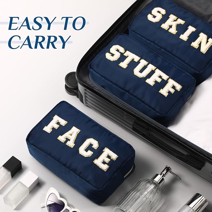 Preppy Makeup Bags Chenille Letter Stuff Bag Nylon Cosmetic Pouch Cases with Zipper for Women Travel Toiletry(Dark Blue,Classic,4 Pcs) - Image 4