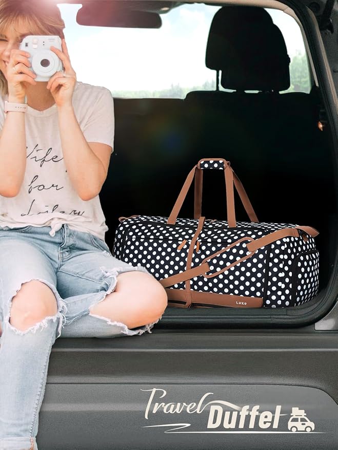Lekesky Foldable Travel Duffel Bag for Women, 80L Large Duffle Bag with Separate Shoes Compartments & Straps, Carry On Weekend Bag for Women, Hospital, Overnight(Polka Dots) - Image 2