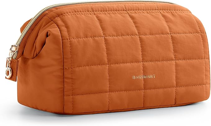 BAGSMART Makeup Bag Travel Toiletry Bag, Puffy Padded Make Up Bags for Women Makeup Organizer Case, Wide-open Pouch Purse Travel Essentials Toiletries Accessories Brushes, Rust Orange by BAGSMART