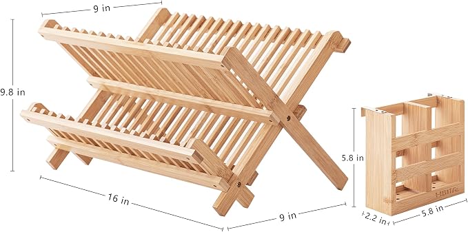 HBlife Dish Rack, Bamboo Folding 2-Tier Collapsible Drainer Dish Drying Rack with Utensils Flatware Holder Set (Dish Rack with Utensil Holder) - Image 3