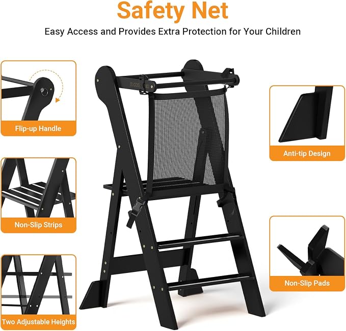 COSYLAND Foldable Toddler Kitchen Stool Helper - Height Adjustable Standing Tower for Bathroom Sink or Kitchen Counter - Step Stool for Toddlers Ages 18 Months to 6 Years Black - Image 3