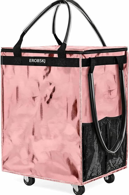 (Medium,Rose Gold) Reusable Grocery Bag on Wheels, Foldable Rolling Tote | 70L Shopping Trolley, Wide Zipper Shopping Carts for Trips, Laundry, Groceries, Camping, Storage,4 Heavy Duty Wheels by EROBSKJ
