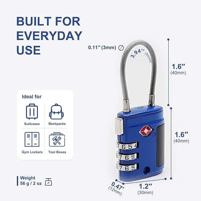 Combination TSA Locks for Luggage, Locker, Luggage Locks TSA Approved, Small Combo Cable Padlock with Code for Gym Locker, Suitcase, Gun Case, Backpack Bag Zipper, Storage Box, Travel Case - Image 5
