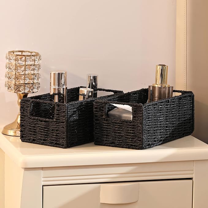 Wicker Storage Basket, Set of 2 Hand-Woven Paper Rope Wicker Basket, Small Storage Baskets for Organizing Toilet Paper Basket, Foldable Large Cube Storage Organizer Bins for Shelves (Black) - Image 4