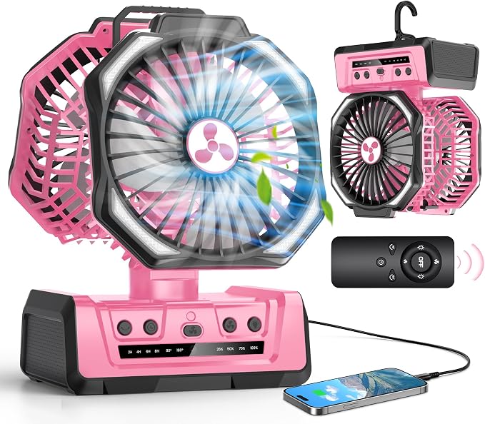 Dual Head Portable Rechargeable Fan 20000mAh Battery Powered Camping Fan Cordless with LED Lantern & Remote, Auto Oscillation, Hook, Battery Operated for Tent Office Travel Picnic Jobsite Pink by OnlyNewforYourLife