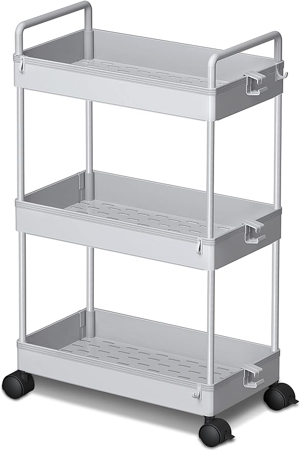 Ronlap 3 Tier Slim Rolling Storage Cart with Wheels Utility Organizer, Grey | For bathroom, laundry, kitchen, bedside & dorm. Fits art, craft, snack, makeup, nail, diaper & postpartum baby supplies by Ronlap