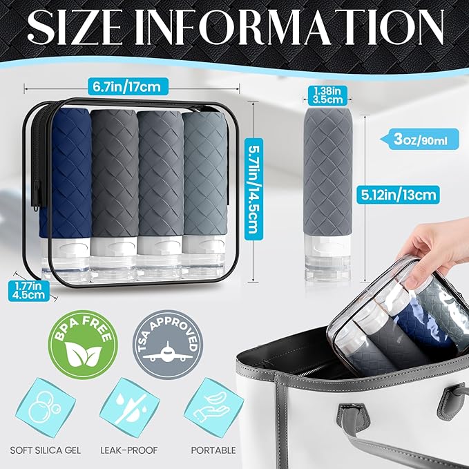 Silevoler Travel Bottles for Toiletries, TSA-Approved Travel Size Container | Woven Pattern BPA Free Silicone Leak Proof Refillable Liqus Shampoo And Conditioner Essentials Toiletry Bottles(Navy Blue) - Image 3
