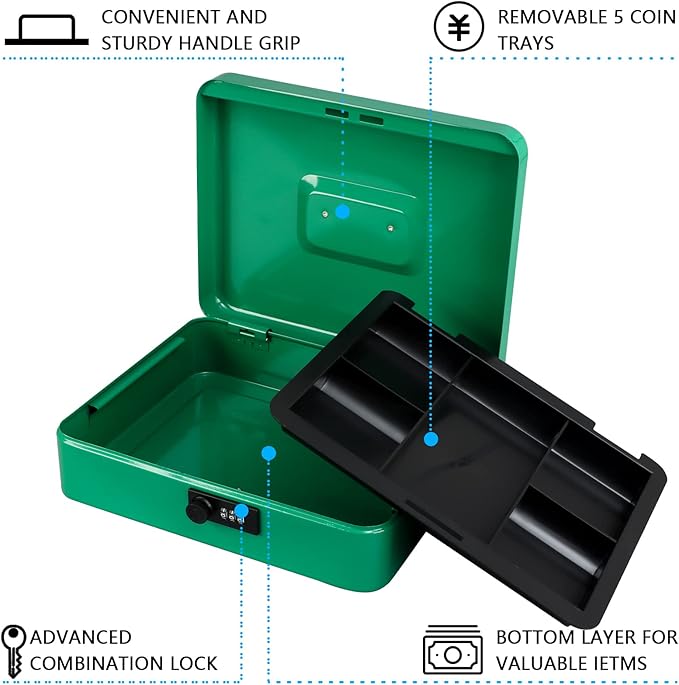 KYODOLED Metal Cash Box with Combination Lock Money Box for Cash Safe Metal Box with Money Tray for Security Lock Box 11.81"x 9.45"x 3.54" Green X Large - Image 2