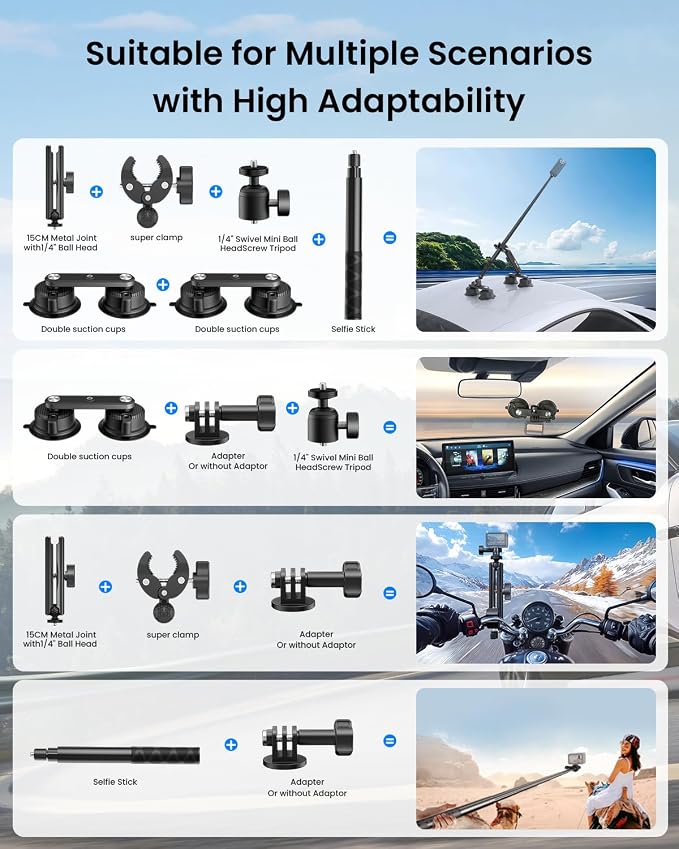 4 Suction Cup Car Mount Kit for Insta360 X5X4 Action Camera Mounts | Car tripod for insta360 X5 accessories, 360 camera mounts for gopro, suction mount for Osmo action 6/5,car racing travel vlog - Image 3