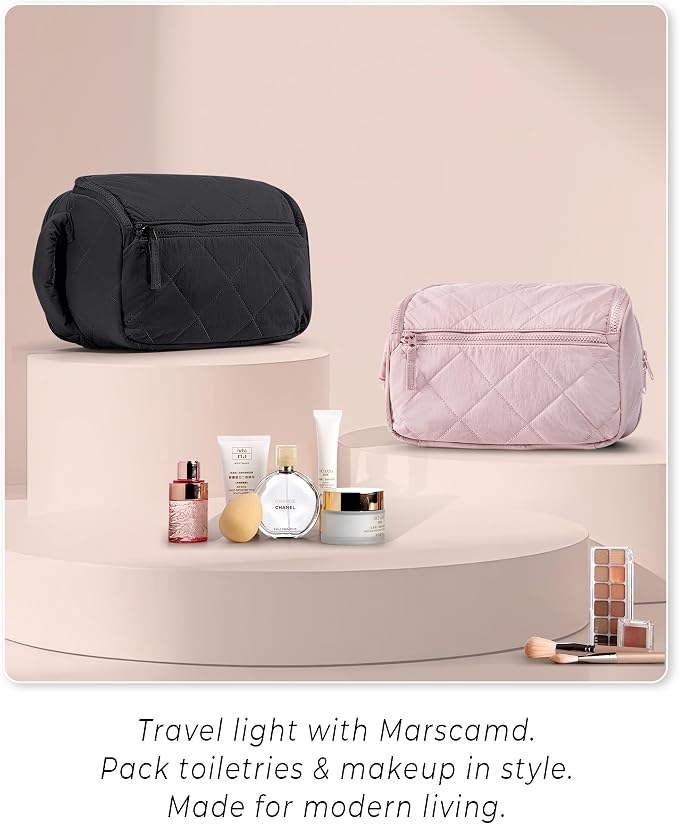 Marscamd Travel Toiletry Bag for Women, Wide-Open Makeup Organizer, Pink | 150° wide opening, water-resistant fabric, stain-resistant pocket flap & lightweight carry - Image 7