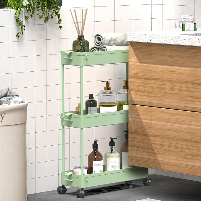 SPACEKEEPER Slim Rolling Storage Cart, 3 Tier Bathroom Cart Organizer,Green | Narrow Rolling Cart with Wheels for Kitchen Office Bathroom Laundry Room,Mobile Utility Cart for Craft Art Makeup Nail Polish - Image 5