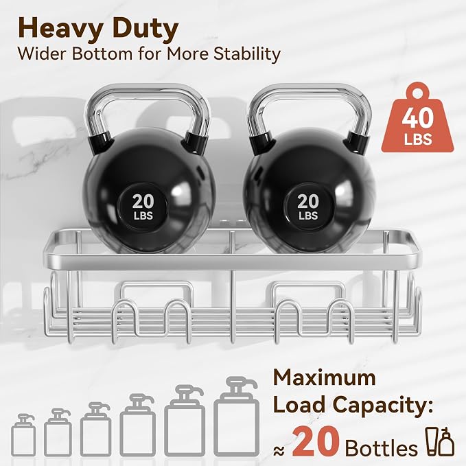 Shower Caddy Adhesive, Rustproof Shower Organizer, Wall Shower Rack | Large Capacity Shower Shelves for Inside Shower, Shampoo Shower Holder, Silver, 2 Caddies, 2 Soap Dishes, 1 Toothbrush Holder - Image 4