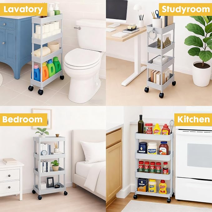 ShellKingdom 4 Tier Bathroom Storage Organizer, Slim Rolling Storage Cart for Narrow Space, Mobile Shelving Unit with Lockable Wheels and Hooks for Bathroom, Kitchen, Laundry Movable Shelf (Grey) - Image 2