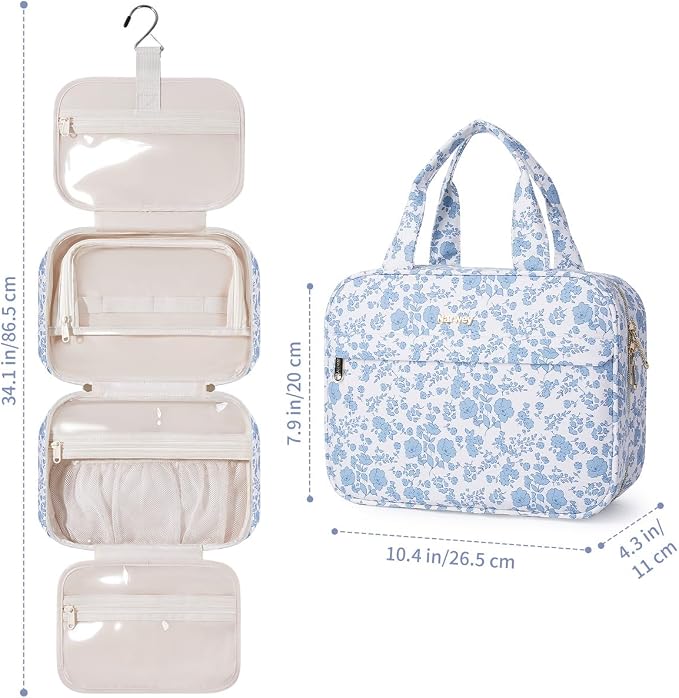 Narwey Floral Hanging Toiletry Bag, Travel Makeup Organizer Cosmetic Make up Bags for Women, Travel Toiletries Essentials Accessories (Blue Flower, Medium) - Image 5