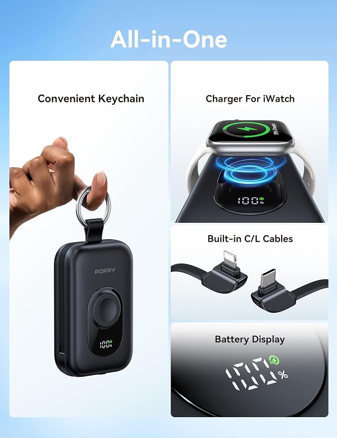 RORRY CharmGo Portable Charger, 20000mAh PD 30W Portable Charger Power Bank | Built-in Cables, Fast Charging Keychain Portable Battery Pack, Travel Essentials for iPhone, Apple Watch, iPad - Image 2