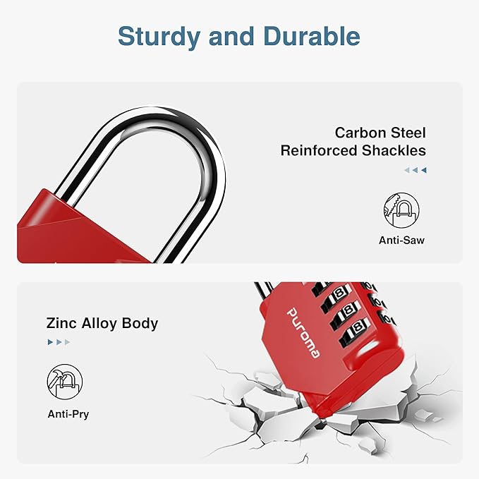 Puroma 1 Pack Combination Lock Locker 4 Digits Combo Padlock Gym Red | For School Gate Fence Toolbox Hasp Storage, Outdoor, Resettable, Weatherproof, Side Window, Crack Cut Resist, Hardened Steel - Image 4