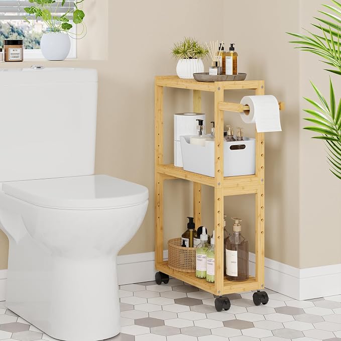 RRX Bamboo Rolling Cart, Slim 3-Tier Standing Shelf Units on Wheels (Beige) | Bamboo Shelves Utility, Storage Corner Shelf Cabinet for Narrow Space, Toilet Paper Organizer for Bathroom, Kitchen - Image 2