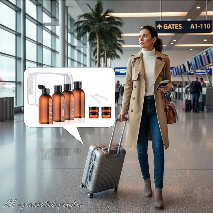 8 Pack 3.4oz Brown Travel Bottles for Toiletries | TSA Approved, Travel Size Containers, Leak Proof, Plastic 0.35oz Small Cream Jars, for Shampoo, Conditioner, Lotion - Image 6