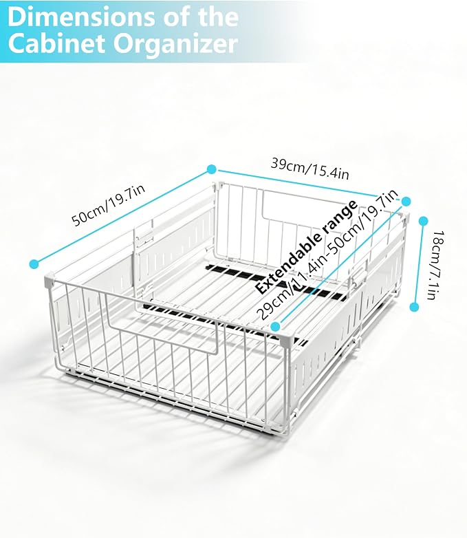 KimHong 2 Pack Pull Out Cabinet Organizer, Expandable Drawer Organizer with Adjustable Width 12.4"-19.5", Adhesive No Drill Under Cabinet Shelves for Home Kitchen Pantry with Silent Slides - Image 5