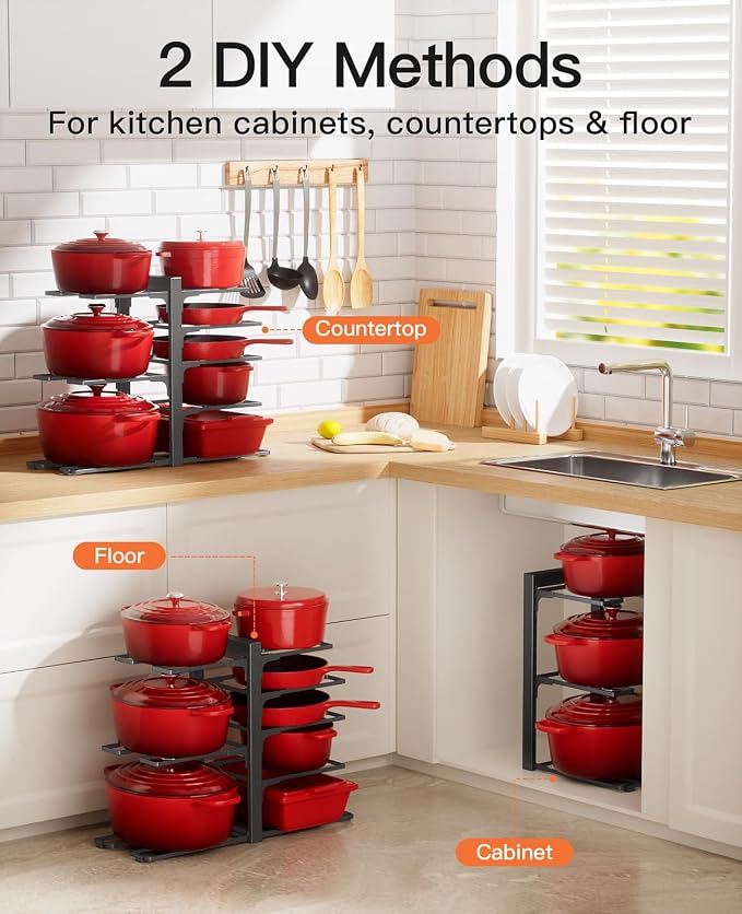 Pots and Pans Organizer Under Cabinet 15.8", 8-Tier Adjustable Black | 2 DIY Modes, Tool-Free Assembly, Max 120 Lbs, Fits Cast Iron Pans, Dutch Ovens & Heavy Cookware, For Kitchen Cabinets - Image 3