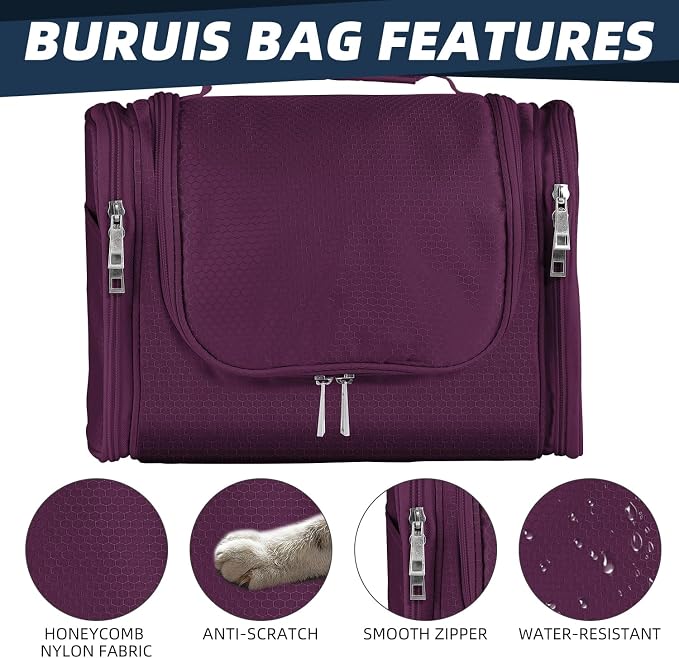 Buruis Hanging Toiletry Bag, Travel Toiletry Bag for Women and Men, Purple | Honeycomb Nylon Design, Large Capacity, Dual Zippers, Sturdy Hanging Hook, Full-Size Toiletry Storage, Cosmetic Essentials - Image 5
