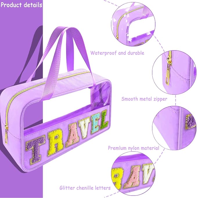 Bunliuys Chenille Letter Clear Makeup Bag Travel Patch, Travel Toiletry Makeup Bag with Handle, Nylon Waterproof Makeup Bags clear cosmetic bag, preppy patch makeup bag for Women (TRAVEL-Violet) - Image 3