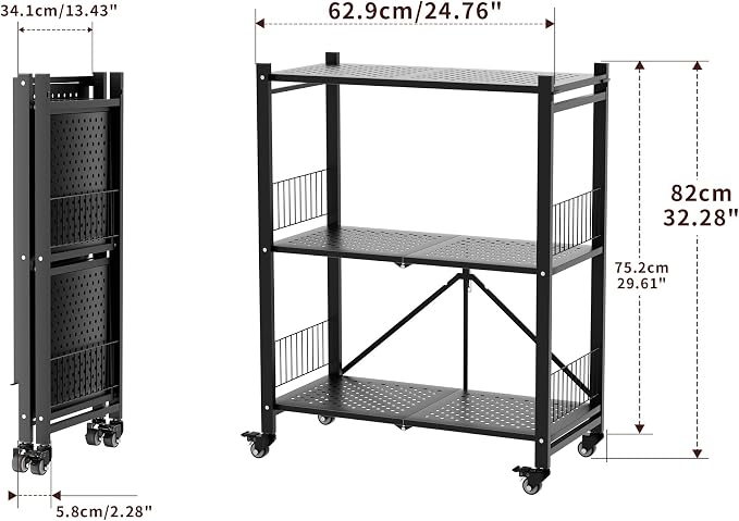 Folding Storage Shelves No Assembly, 3 Tier Metal Foldable Shelves with Wheels, Collapsible Rolling Storage Rack for Laundry Room Garage Small Spaces, Black - Image 2