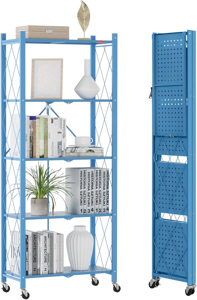 DEANIC 5-Shelf Folding Bookcase with Wheels, Heavy Duty Storage Shelves, Freestanding Metal Wire Shelving Unit for Living Room, Office, Kitchen, Basement, Pantry(Blue) by ShowNow