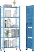 DEANIC 5-Shelf Folding Bookcase with Wheels, Heavy Duty Storage Shelves, Freestanding Metal Wire Shelving Unit for Living Room, Office, Kitchen, Basement, Pantry(Blue) by ShowNow