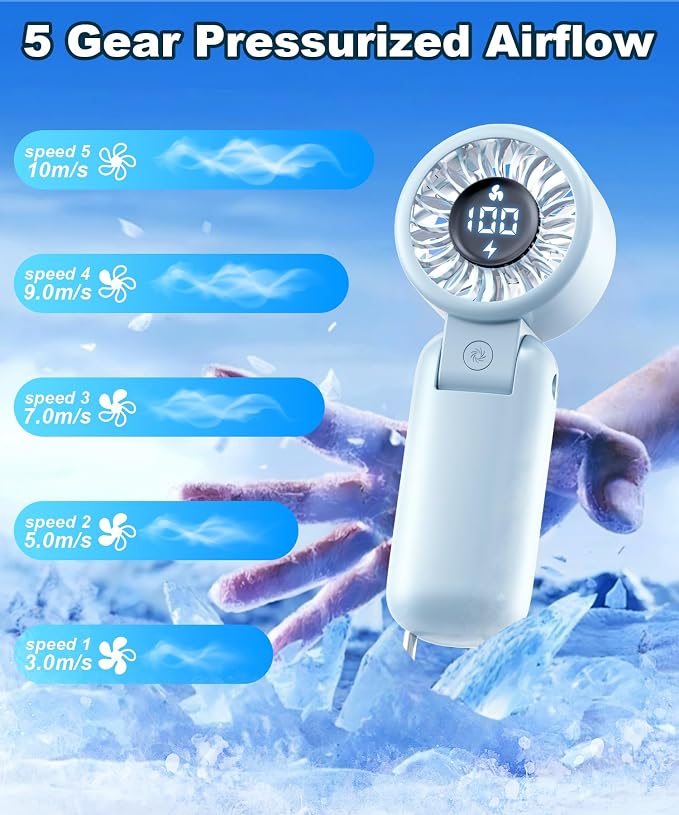 Portable Handheld Turbo Fan with LED Display - Turbocharged 32ft Cooling, Long-lasting 5 Speeds 4oz Lightweight, USB Rechargeable Mini Personal Hand Held Fan Gift for Women Men Travel, Office, Makeup - Image 5
