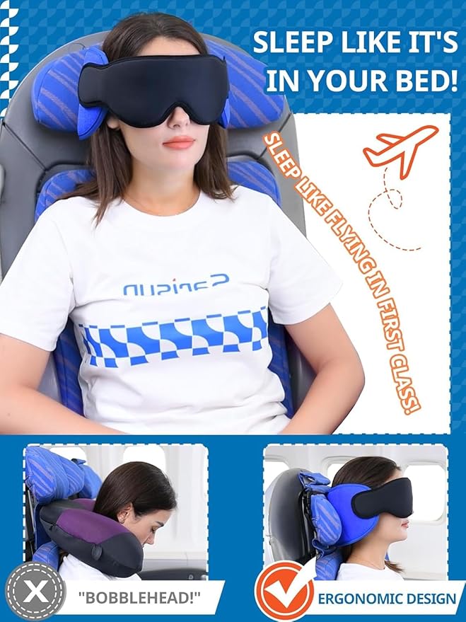 SARISUN Travel Pillows for Airplanes, Stable Head Support, Travel Essential | Airplane Pillow with 3D Eye Mask, Seat Strap Secures to Headrest, for Stop Bobblehead, for Long Flight Road Trip, Red - Image 2