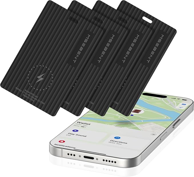 Wallet Tracker Card Smart Tag 4 Pack, Apple MFi Certified Bluetooth Finder, Wireless Charging Slim Item Locator, IP67 Waterproof, Works with Apple Find My for Keys, Bags, Passport, iOS Only by Unknown