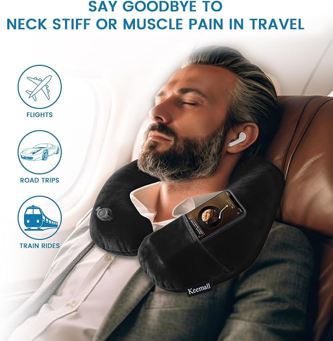 Keemall Inflatable Travel Neck & Shoulder Pillow for Airplanes & Long Trips | Ergonomic Portable Cushion Relieves Neck Pain, Quick Inflation & Deflation,for Long Flights & Business Travel, Premium Black - Image 5