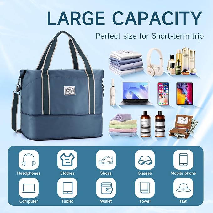 WALNEW Travel Duffel Bag, Weekender Overnight Carry On Bag for Women Men, Foldable Waterproof Gym Luggage with Metal Buckle Detachable Shoulder Strap and Wet Compartment (Peacock Blue) | Overnight Carry On Bag, Foldable Waterproof Gym Luggage with Meta... - Image 3