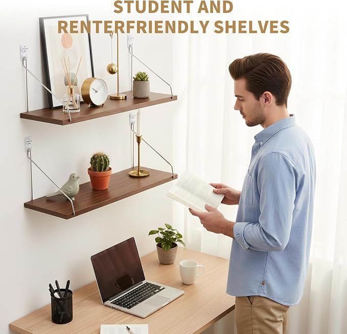 Renter Friendly Wall Shelves No Drill, 2 Pack Renter Friendly Hanging Shelves, Rustic Wood Wall Mounted Shelf for Tenant, Dormitory, Apartment, Office Worker - Image 7