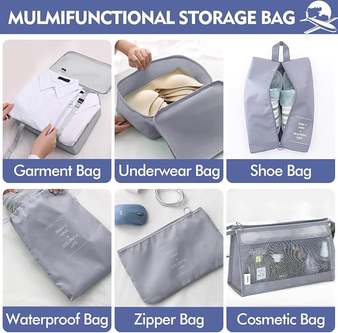 8 Set Packing Cubes for Suitcases, INVODA Travel Luggage Packing Organizers with Laundry Bag, Compression Storage Shoe Bag, Clothing Underwear Bag (Grey) - Image 6