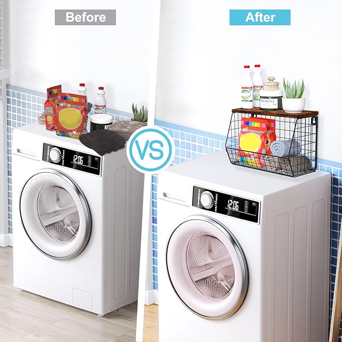 MSJGA Laundry Room Shelves, Wall Mounted Storage Basket, 11.8"Wx7.9"Dx8.5"H | Stackable Wire Wall Shelves Organizer for Towels, Detergent, Tissues, Space-Saving Over Washer & Dryer, Small Spaces - Image 6