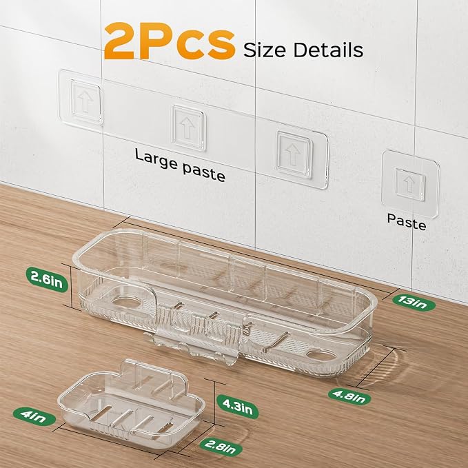 HAMITOR 2 Pack Adhesive Shower Caddy, Clear Transparent Shower Organizer | Modern Clear Design, Waterproof Adhesive Setup, Quick Drainage Shelves, Perfect for Homeowner, Apartments & Stylish Bathrooms - Image 3