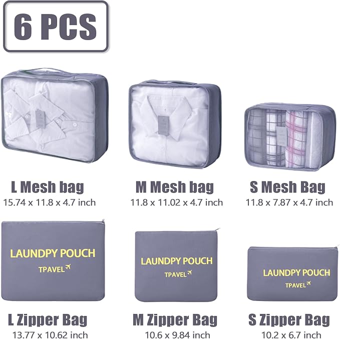 6 Set Packing Cubes for Travel Luggage Packing Bags Reusable Lightweight Suitcase Organizer Cubes Set for Travel Accessories (Grey) - Image 2