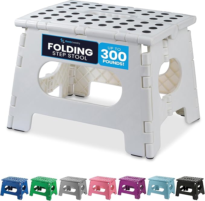 Handy Laundry Folding Step Stool 9 Inch, White, Non-Slip Holds 300 lbs | 9 Inch, White, Foldable Collapsible Step Stool, Non-Slip, Holds 300 lbs, Kitchen Bathroom Bedroom, Adults by Handy+Laundry