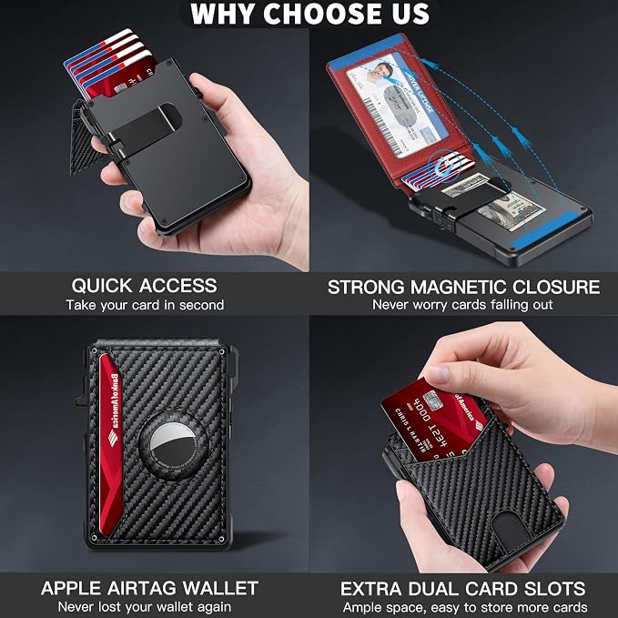 Airtag Wallet for Men, Mens Smart Wallet for Air Tag RFID Blocking, Minimalist Bifold Pop Up Aluminum Credit Card Case Holder 12+ Cards with ID Window, Gift for Men, No Airtag Included, Carbon Red - Image 6