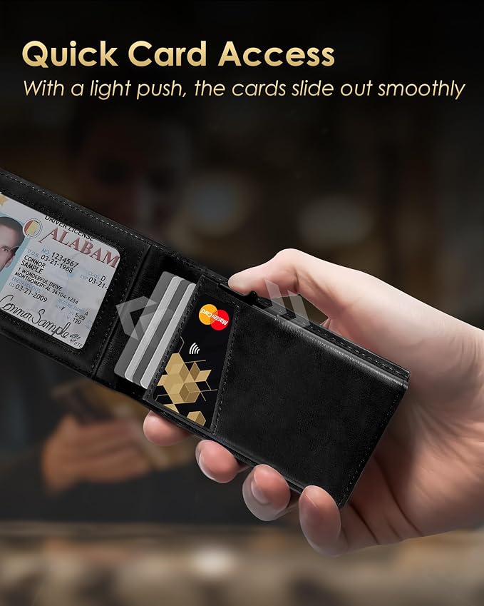 QLD Wallet for Men - RFID Blocking [Functional & Practical] Bifold Slim Minimalist Credit Card Holder Pop Up Metal Case with Cash Slot, Front Pocket with ID Window, Gift Boxed (BLACK) - Image 2