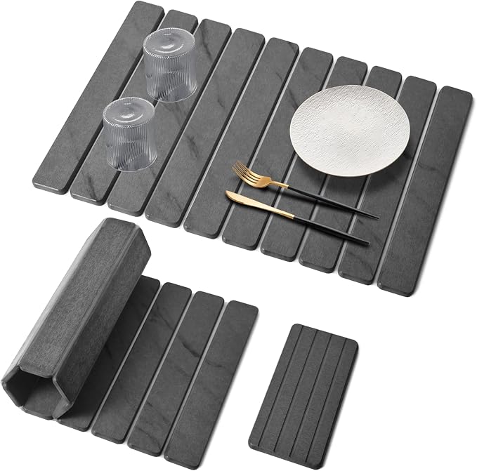 Large Stone Dish Drying Mat for Kitchen Counter, Quick Dry Dish Drying Mats, Foldable Absorbent Diatomaceous Earth Mats for Plate Rack Bottles Cups, Match Any Countertop (Gray Marble 24"×16" & 8"x4") by Lprmnnc