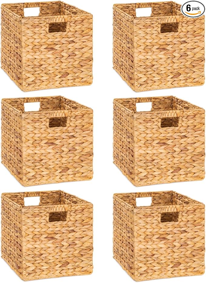 M4DECOR 12 x 12in Water Hyacinth Storage Baskets, Wicker Storage Baskets for Shelves, Woven Baskets for Storage, Wicker Storage Basket for Bedroom, Living Room, Nursery Room (Natural 6 Packs 12x12in) by M4DECOR