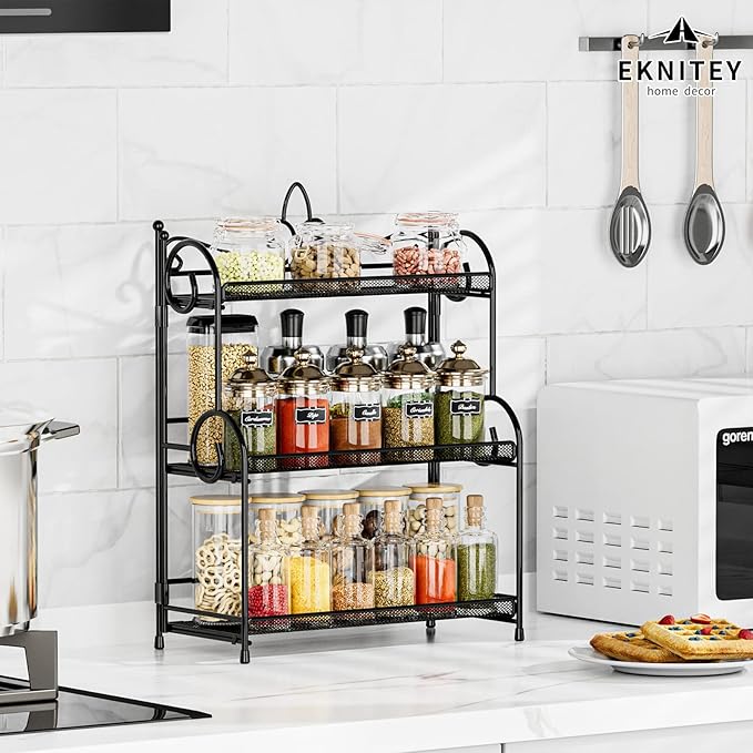 EKNITEY Bathroom Counter Organizer - 3 Tier Spice Rack(No Assembly) | Skincare Countertop Organizers, for Bathroom Kitchen Bedroom, Sturdy Metal Frame, Easy to Clean, Foldable, Black - Image 3