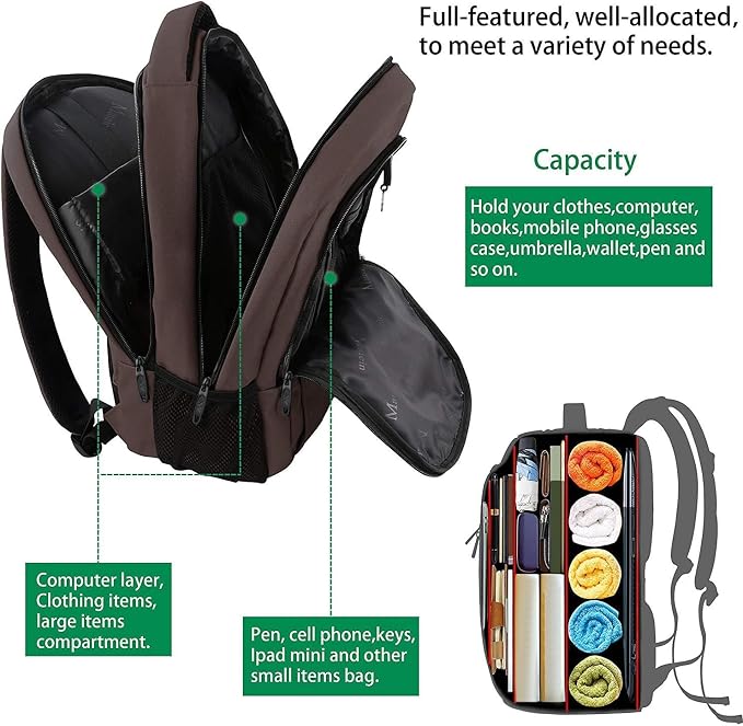 MATEIN Brown 32L Laptop Backpack, 15.6 Inch Water Resistant Work School Bag | Sturdy Casual Daypack, Carry On Underseat Personal Item Bag, Travel Luggage Backpack for Airlines, Hidden Anti Theft Pocket - Image 8