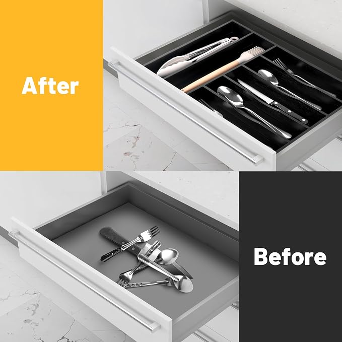Kitchen Bamboo Silverware Organizer, Kitchen Drawer Organizer - Utensil Holder and Cutlery Tray with Grooved Drawer Dividers for Flatware 7 Slot, Black - Image 4