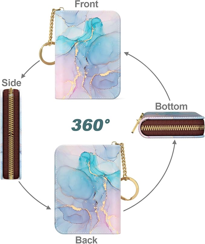 Nipichsha Women's Small RFID Blocking Leather Wallet, Colorful Ink Marble, Slim and Compact Size, 12-Slot Compartment, Protects Privacy | Leather Card Holder Wallet, Credit Card Wallet Organizer, Business Card Case with Zipper & Keychain, 12-Slot Compa... - Image 2